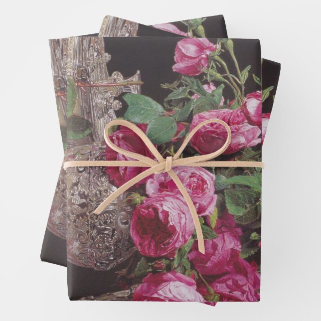 Feuille De Papier Cadeau Roses roses (par Ferdinand Georg Waldmüller) (En situation)