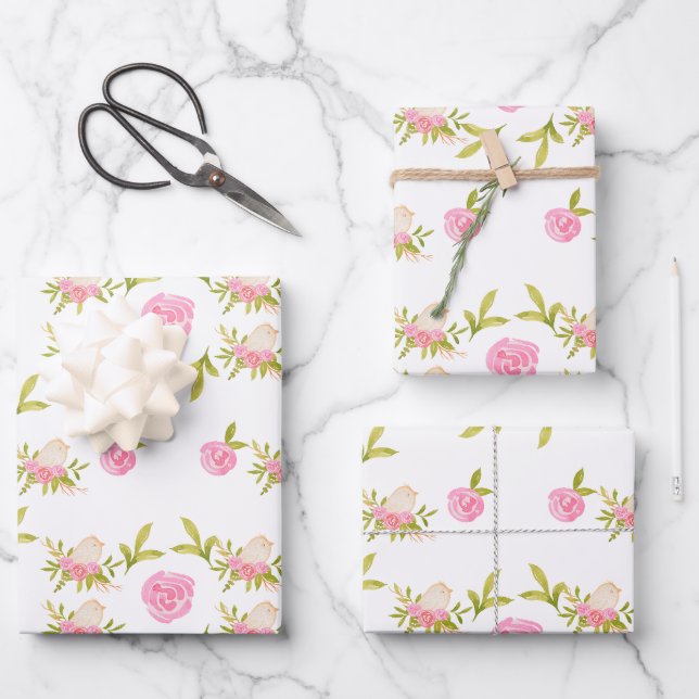 Feuille De Papier Cadeau Roses roses roses et mignons oiseaux bébés (Recto)