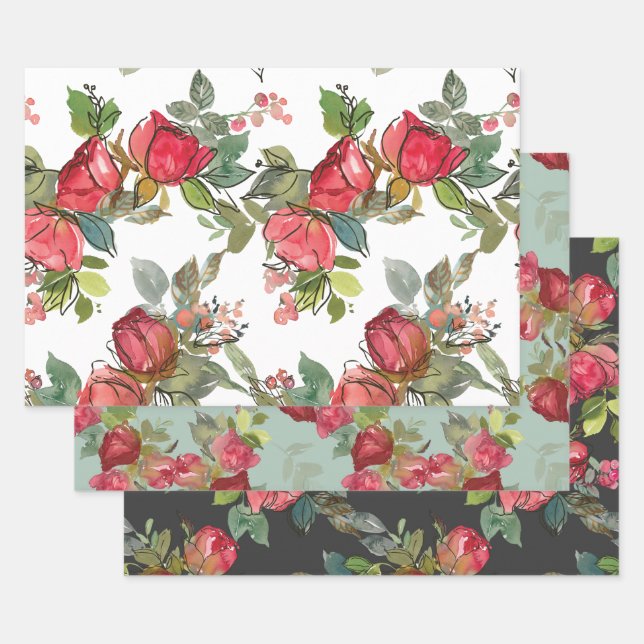 Feuille De Papier Cadeau Roses roses rouges Berries Vert Aquarelle Florale (Lot)