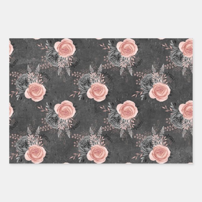 Feuille De Papier Cadeau Roses roses rousses au charbon de bois (Devant)