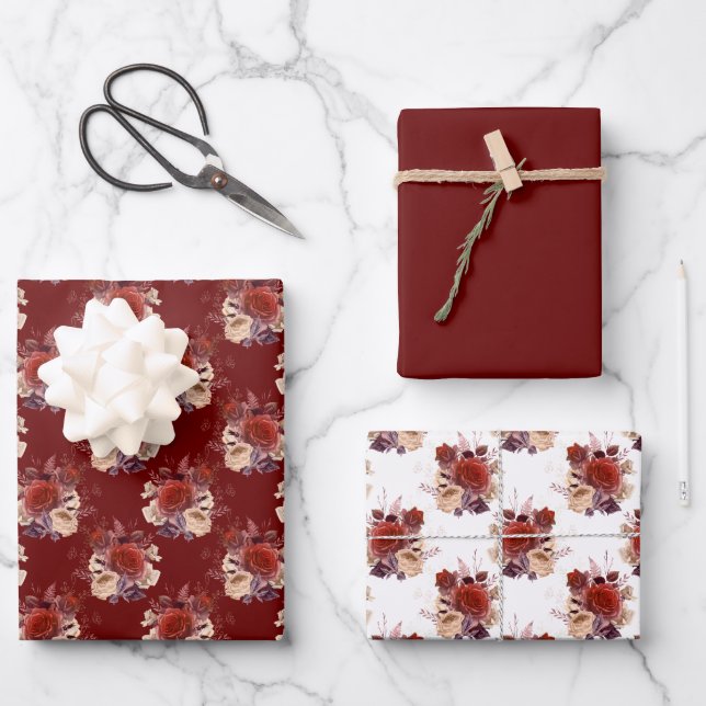 Feuille De Papier Cadeau Roses rouges romantiques Floral (Recto)