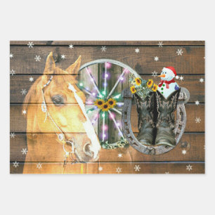 Feuille De Papier Cadeau Roue de chariot de Noël Cowboy Bottes Fer à cheval