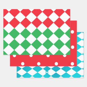 Feuille De Papier Cadeau Rouge à pois blancs, damier aqua