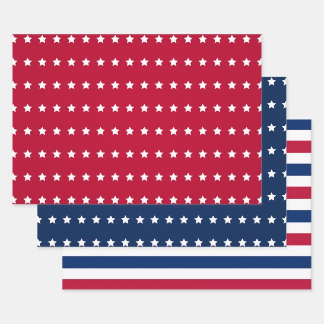 Feuille De Papier Cadeau Rouge Blanc Bleu Américain 4 Juillet Etoiles Grand (Lot)