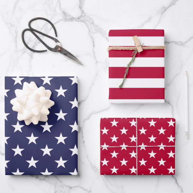 Feuille De Papier Cadeau Rouge Blanc Bleu Patriotique USA Enveloppement Pap (Recto)
