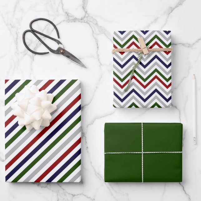 Feuille De Papier Cadeau Rouge Blanc Bleu Vert Gris Zig Zag Stripes (Recto)