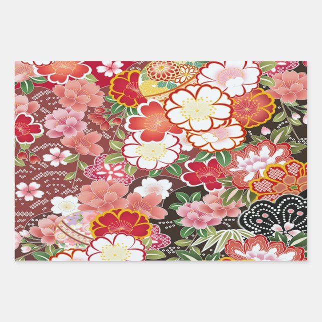 Feuille De Papier Cadeau Rouge Blanc rose japonais Kimono Floral Découpage (Devant)
