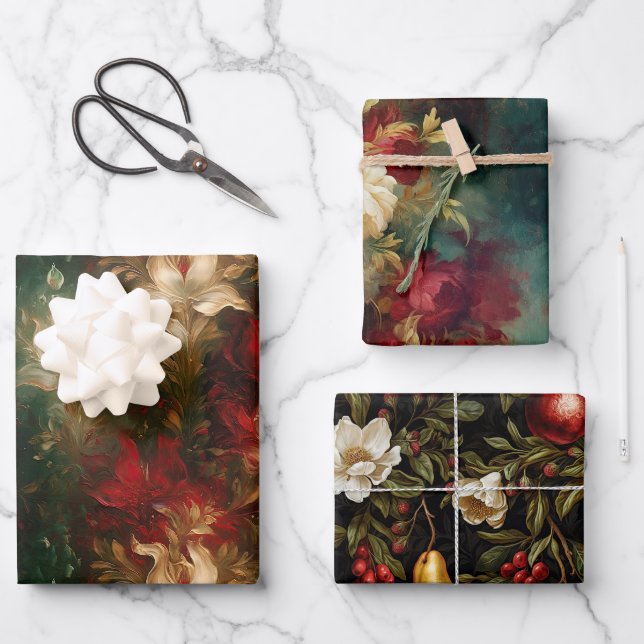 Feuille De Papier Cadeau Rouge Blanc Vert or Floral (Recto)