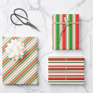 Feuille De Papier Cadeau Rouge, Blanc, Vert Style de Noël rayures