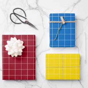 Feuille De Papier Cadeau Rouge Bleu et Jaune Primaires Avec Damier Blanc