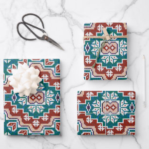 Feuille De Papier Cadeau Rouge Bleu Turquoise Amérindiens Navajo