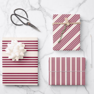 Feuille De Papier Cadeau Rouge bordeaux et beige cinq rayures motif