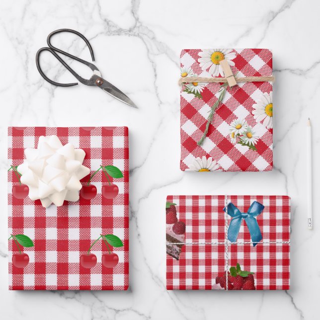 Feuille De Papier Cadeau Rouge et blanc Rockabilly En vichy enveloppement c (Recto)