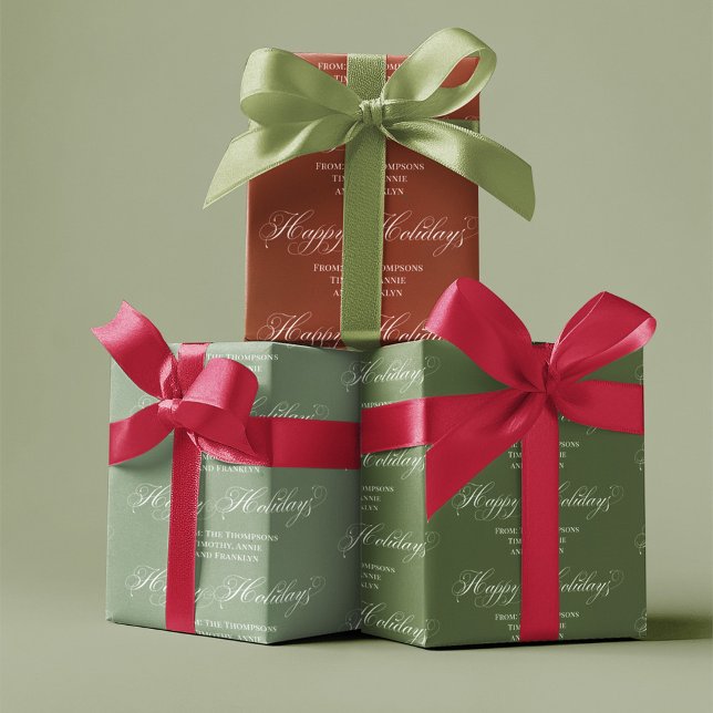 Feuille De Papier Cadeau Rouge et Vert Joyeux Vacances Personnalisées (Happy Holidays red and green custom wrapping paper. )