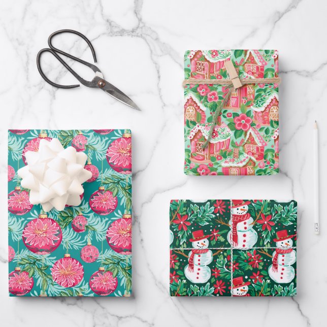 Feuille De Papier Cadeau Rouge et vert Préppy Noël Ornements & Snowmen (Recto)
