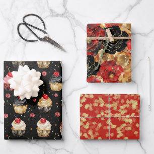 Feuille De Papier Cadeau Rouge Glam Cupcakes Fleurs Anniversaire