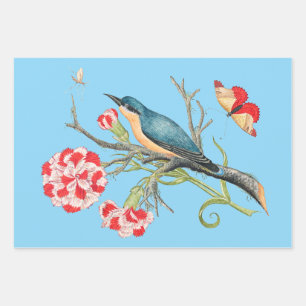 Feuille De Papier Cadeau Rouge-gorge sur des œillets, illustration vintage,