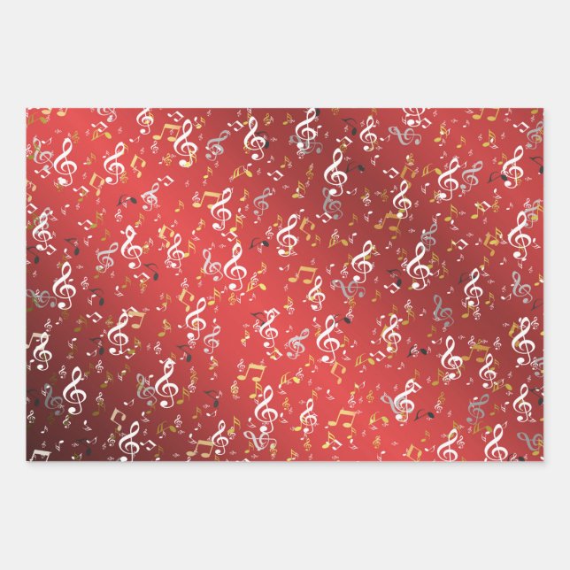 Feuille De Papier Cadeau rouge, Musical+ Note, luxe, or, royal, élégant, (Devant)