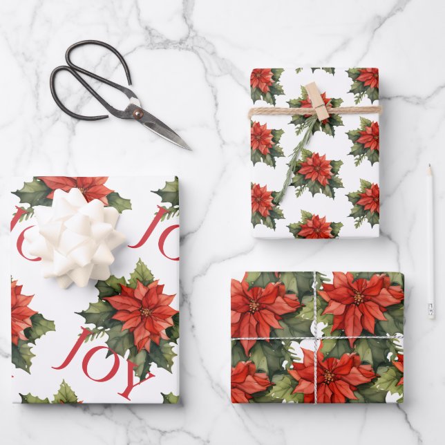FEUILLE DE PAPIER CADEAU ROUGE NOËL POINSETTIE MOTIFS COORDONNÉS (Recto)