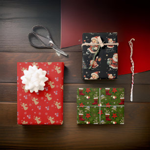 Feuille De Papier Cadeau Rouge noir Père Noël Angels Poinsettia