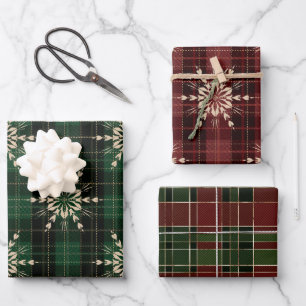 Feuille De Papier Cadeau Rouge, or et vert hiver Noël Plaid Motifs