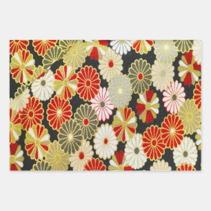Feuille De Papier Cadeau Rouge or Noir Japonais Kimono Floral Découpage