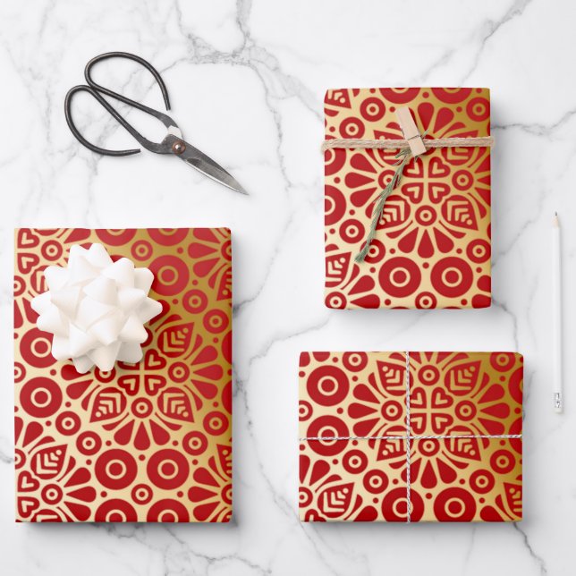 Feuille De Papier Cadeau Rouge or oriental motif élégant (Recto)