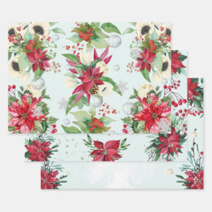 Feuille De Papier Cadeau Rouge Poinsettia Thème de Noël