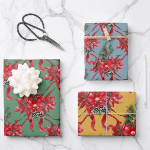 Feuille De Papier Cadeau Rouge Poinsettias Ruban Bows Lattice Vert Rouge Or