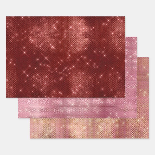 Feuille De Papier Cadeau Rouge Rose Or Glitzy Chic Glam Étincelle (Lot)