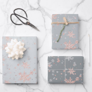 Feuille De Papier Cadeau Rouge Rose Or & Silver Snowflakes Tons Gris