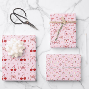 Feuille De Papier Cadeau Rouge Rose Ruban Mignon Cerise Cœurs Saint Valenti