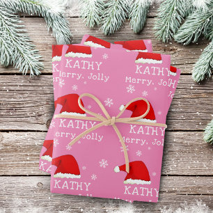 Feuille De Papier Cadeau Rouge rose Santa Chapeau Snowflake Joyeux Jolly En