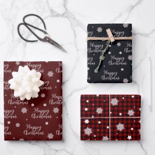 Feuille De Papier Cadeau Rouge rustique Noir Joyeux Noël Flammes de neige P