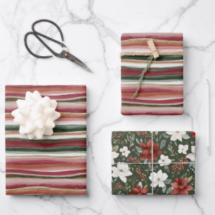 Feuille De Papier Cadeau Rouge Vert Blush Blanc Rayures Floral Anniversaire