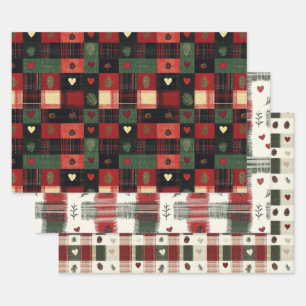 Feuille De Papier Cadeau Rouge Vert Carreaux Cœurs Noël Fêtes