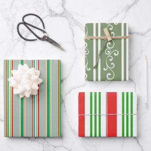 Feuille De Papier Cadeau Rouge Vert Élégant Rayé Fêtes