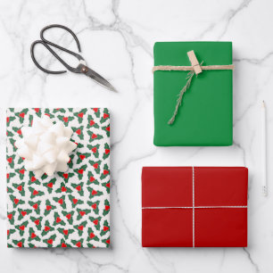 Feuille De Papier Cadeau Rouge & Vert Noël Holly Coordonné