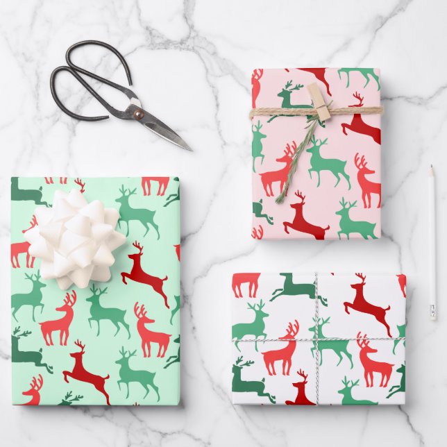 Feuille De Papier Cadeau Rouge Vert Noël Reindeer Silhouette Motif (Recto)