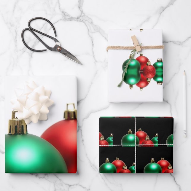 Feuille De Papier Cadeau Rouge + Vert Ornements de Noël (Recto)