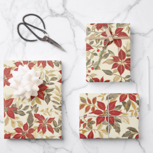 Feuille De Papier Cadeau Rouge Vert Poinsettias Vintage Noël