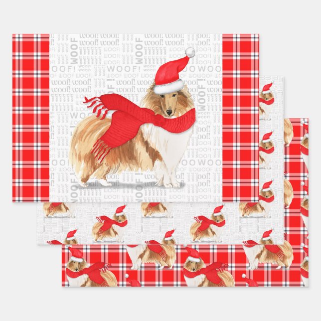 Feuille De Papier Cadeau Rough Collie Christmas Chien et Red Holiday Plaid (Lot)