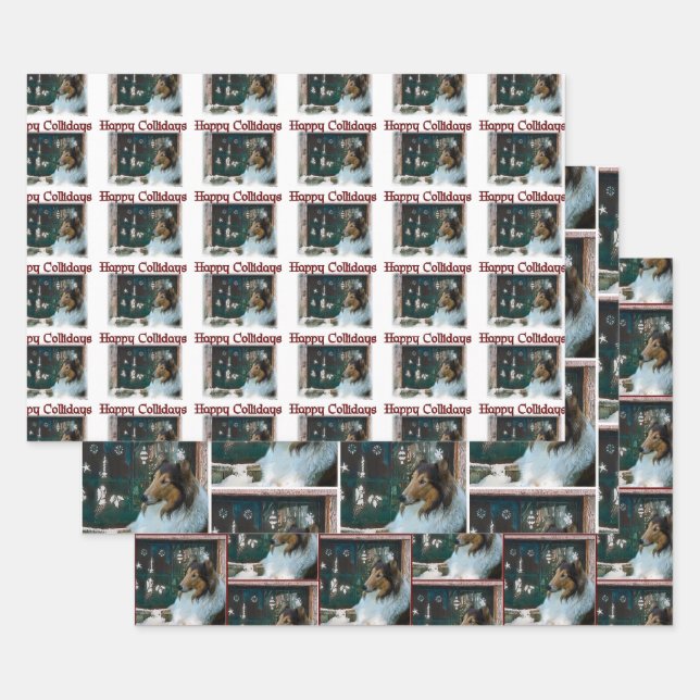 Feuille De Papier Cadeau Rough Collie Joyeux Collidays Noël (Lot)