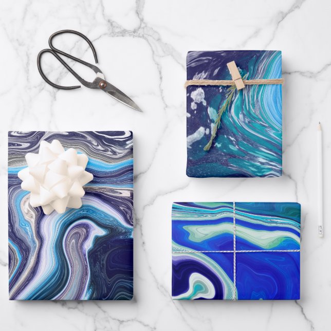 Feuille De Papier Cadeau Royal Blue et Marbre blanc Waves Fluid Art (Recto)