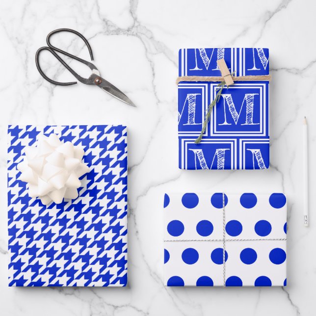 Feuille De Papier Cadeau Royal Blue Houndstooth Monogram Polka Dot (Recto)