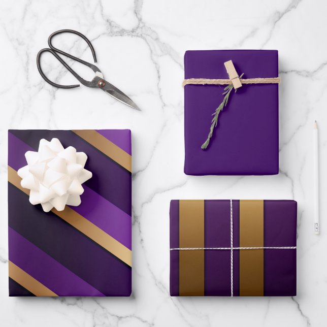 Feuille De Papier Cadeau Royal Deep Purple et Gold Stried (Recto)