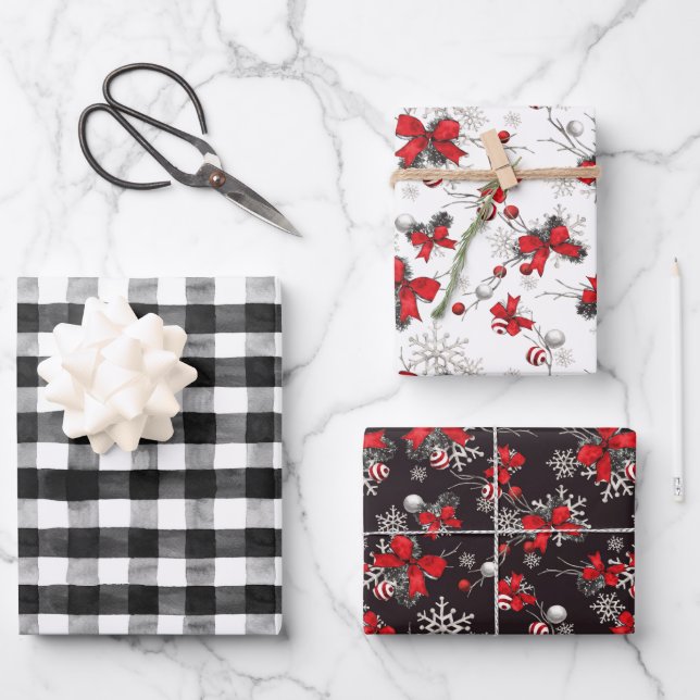 Feuille De Papier Cadeau Rubans rouges Buffalo noir et blanc Vérifier Noël (Recto)