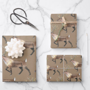 Feuille De Papier Cadeau Russe Kraft Forest Bois Stag Reindeer