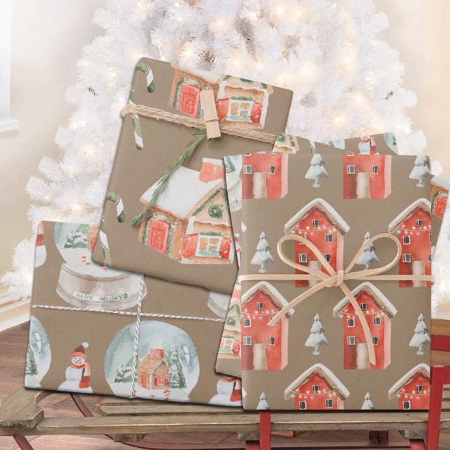 Feuille De Papier Cadeau Russe Kraft Gingerbread House Snow Globe Snowman (Rustic Kraft Gingerbread House Snow Globe Snowman Christmas Holiday Gift Wrapping Paper Sheets Trio)