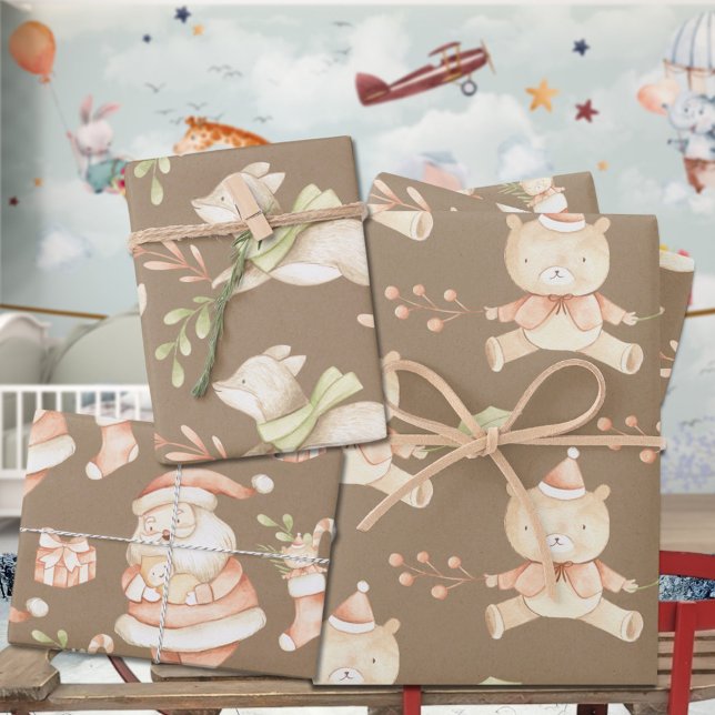Feuille De Papier Cadeau Rustic Baby's First Christmas Teddy Bear Fox Père  (Rustic Kraft Baby's First Christmas Teddy Bear Fox & Santa Holiday Gift Wrapping Paper Sheets Trio )